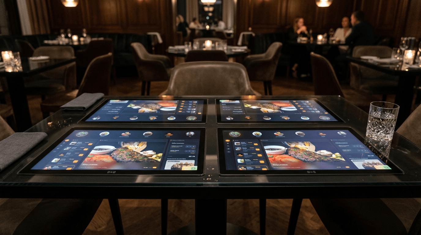 Four diners at a black AutoDine table with built-in menu displays, glassware, warm restaurant lighting