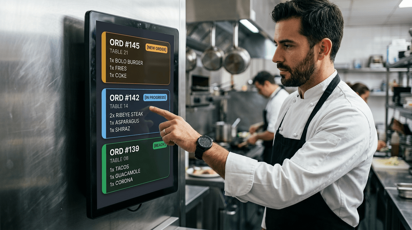 Chef at a wall-mounted kitchen screen with stacked order cards, colored status rails, table numbers, and line items