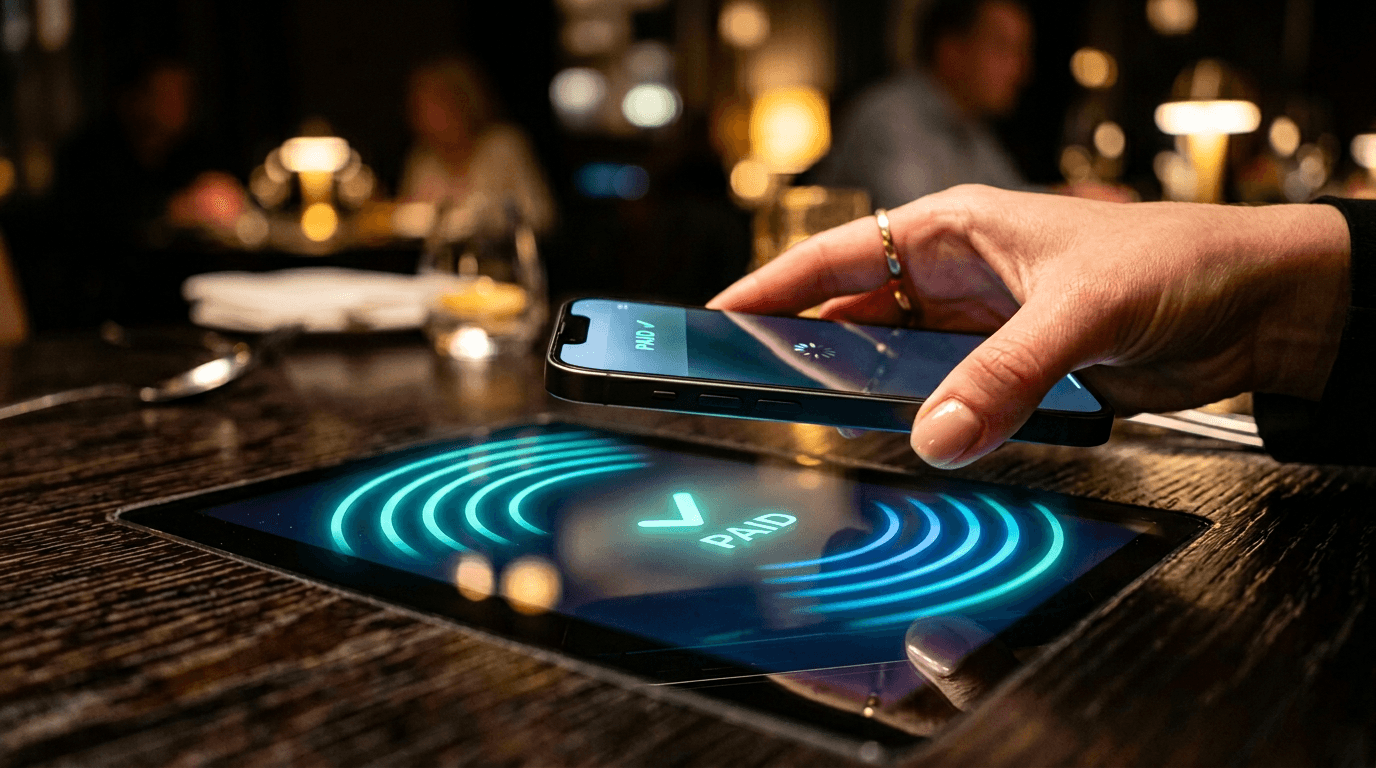 Guest tapping a smartphone on the table glass for contactless NFC payment