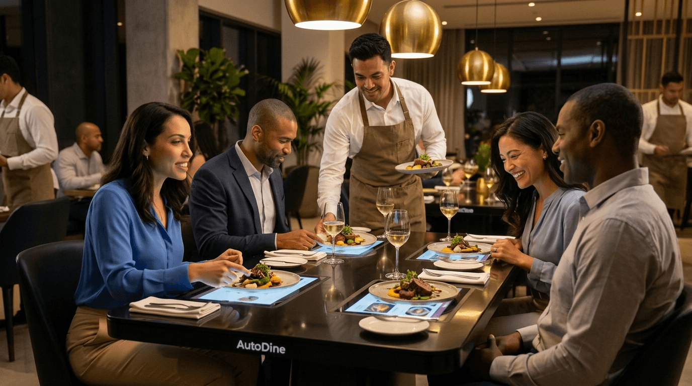 Waiter in white shirt and tan apron serving dishes to diners at an AutoDine table with embedded menu screens