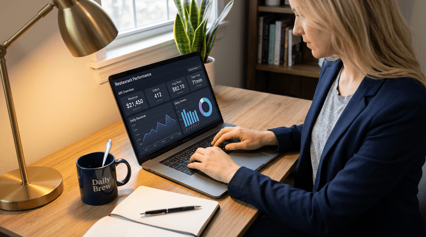 Young blonde woman at a laptop with a dark restaurant dashboard on screen showing KPIs, charts, and table metrics