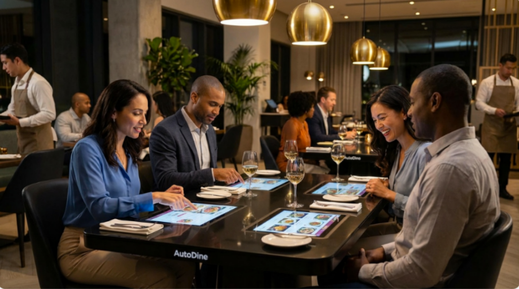 Elegant restaurant with guests using AutoDine tablets at table