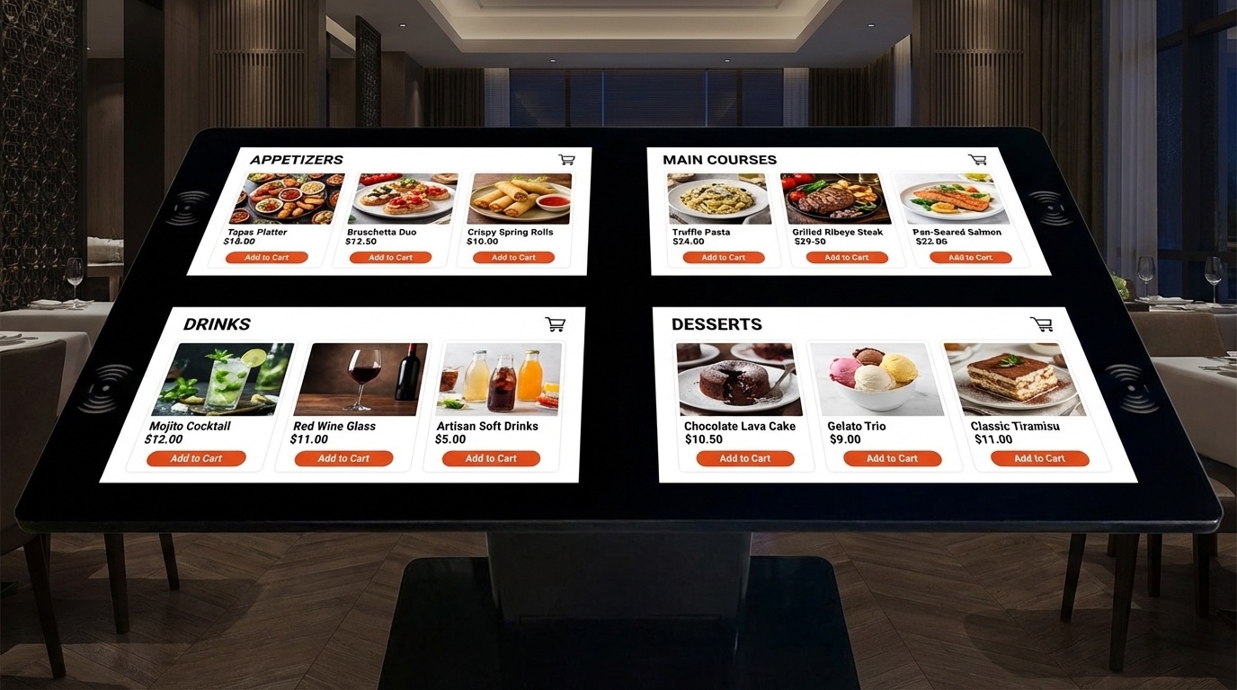 AutoDine Table with 4 Touch Screens Showing Digital Menus